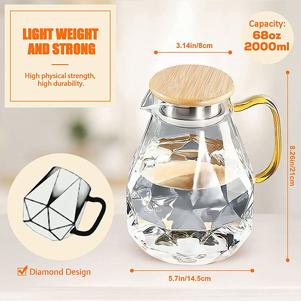68oz Diamond Design glass Water Pitcher with bamboo lid