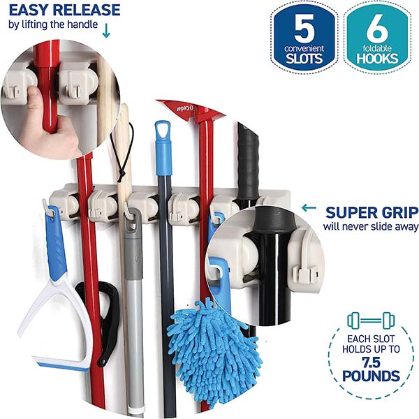  Mop And Broom Holder - Garage Storage Systems with 5 Slots