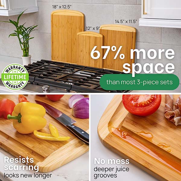  Bamboo Cutting Board Set of 3 with Lifetime Replacements