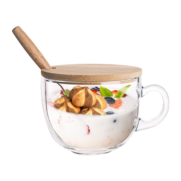 15OZ Clear Coffee Mug with bamboo Lid and Spoon