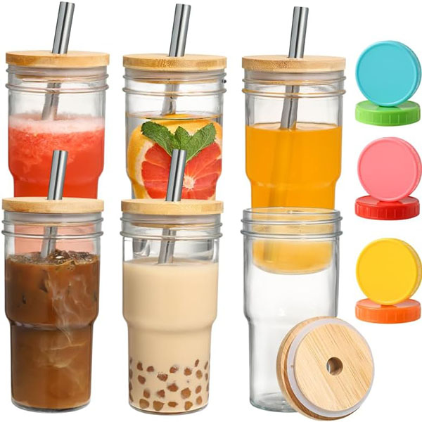 6 Pack Glass Tumbler with lid and Straw
